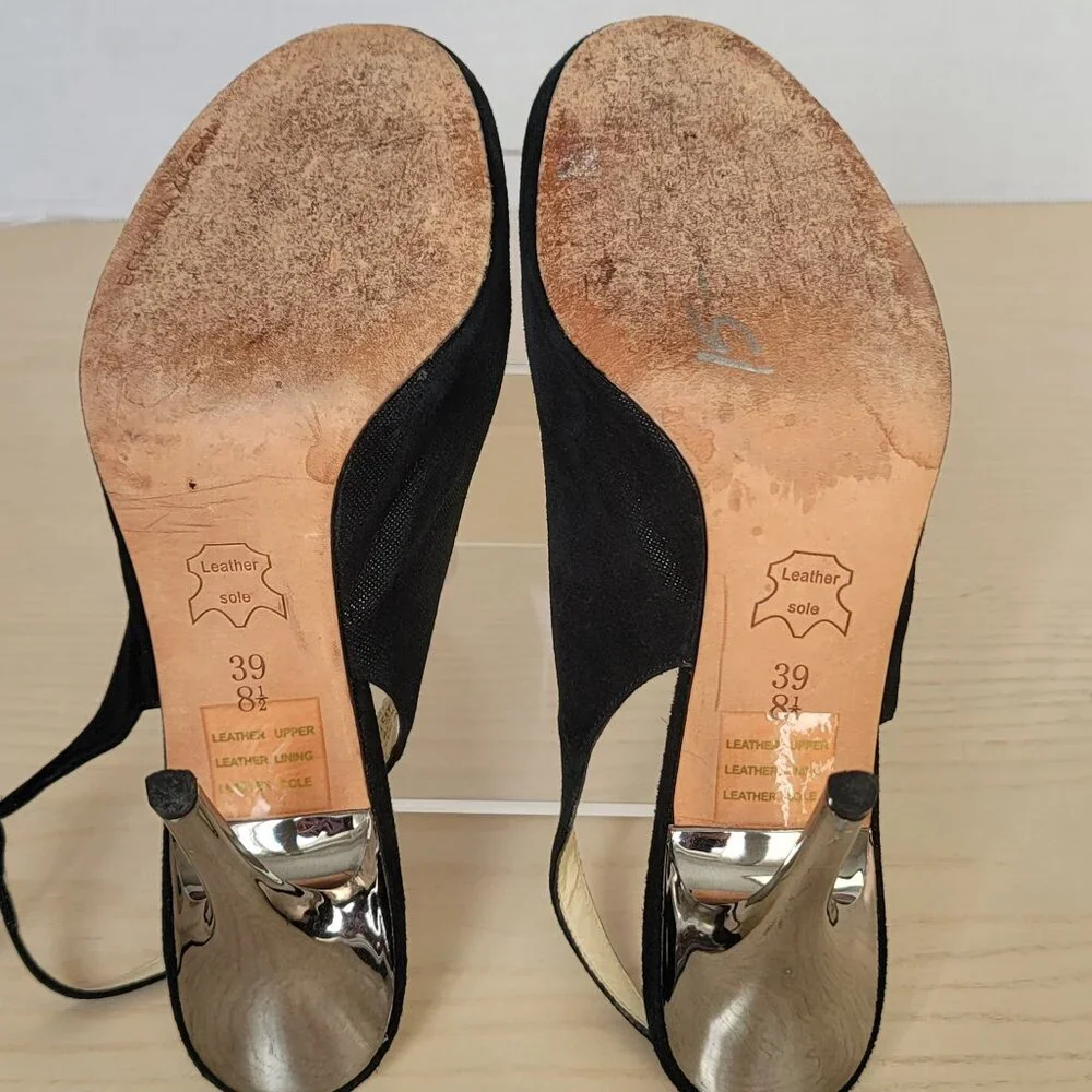BCBGMAXAZRIA Kelly Black Metallic Leather Peep Toe Heels Size EU 39/US 8.5